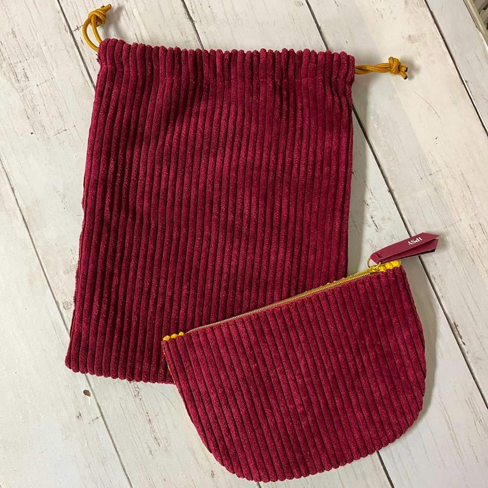 Ipsy Matching Cosmetic Bag Bundle, Set of 2, Burgundy & Mustard Yellow Velvet